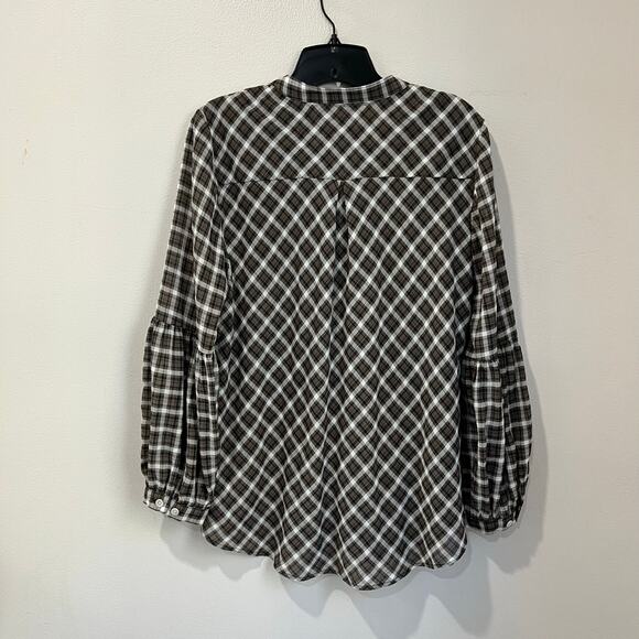 Chico’s Brown Plaid Button Front Peasant Blouse Size 1 US M/8 Boho Fall Casual - Picture 3 of 10